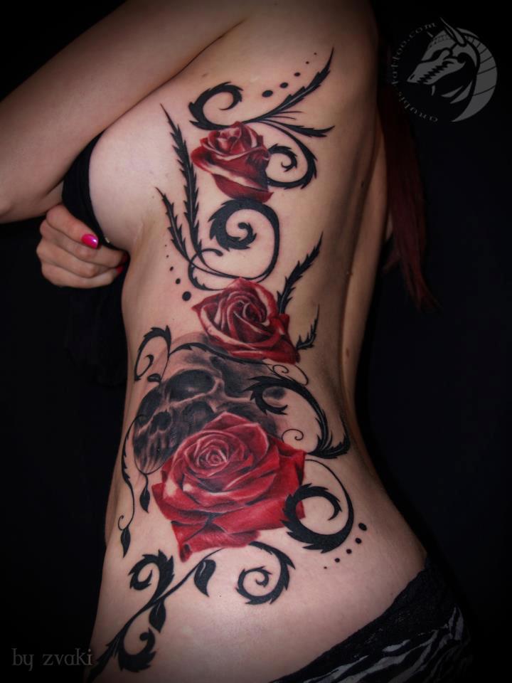 3D Roses and Skull side tattoo idea for women 