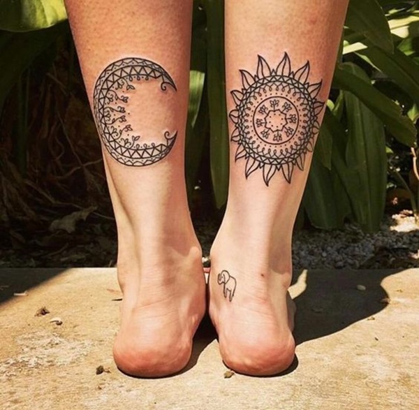 Warrior's’ Legs sun and moon tattoo design for girl