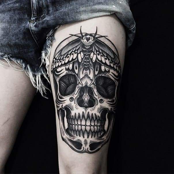 black and grey with skull