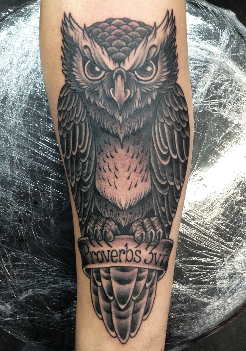 owl black and grey tattoo