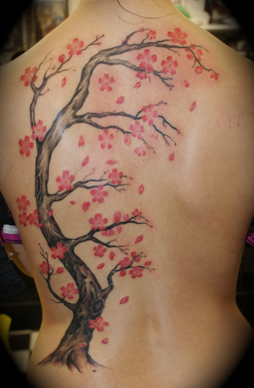 sturdy cherry blossom tree back tattoo