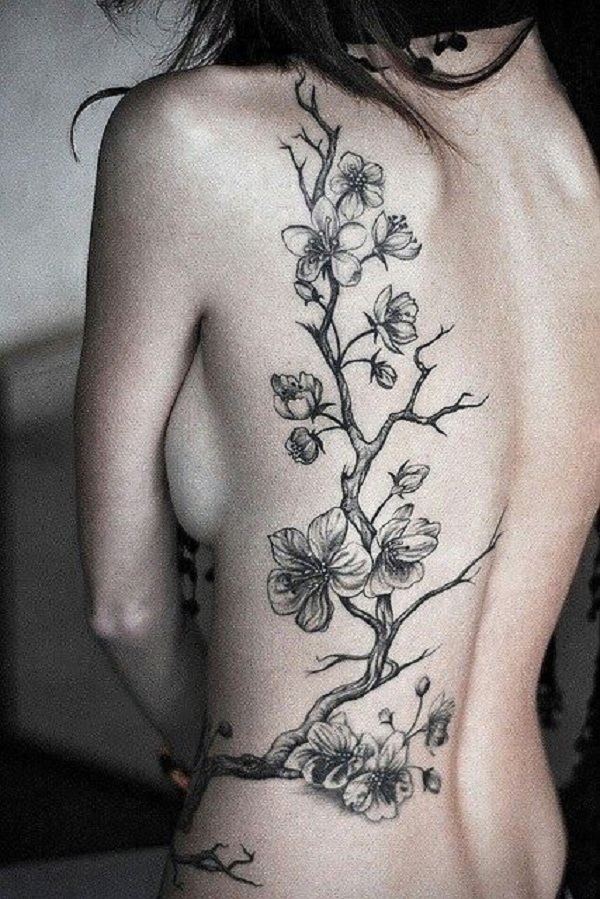 black ink cherry blossoms tree tattoo