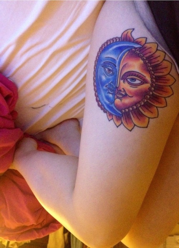 sun and moon tattoos on thigh for women