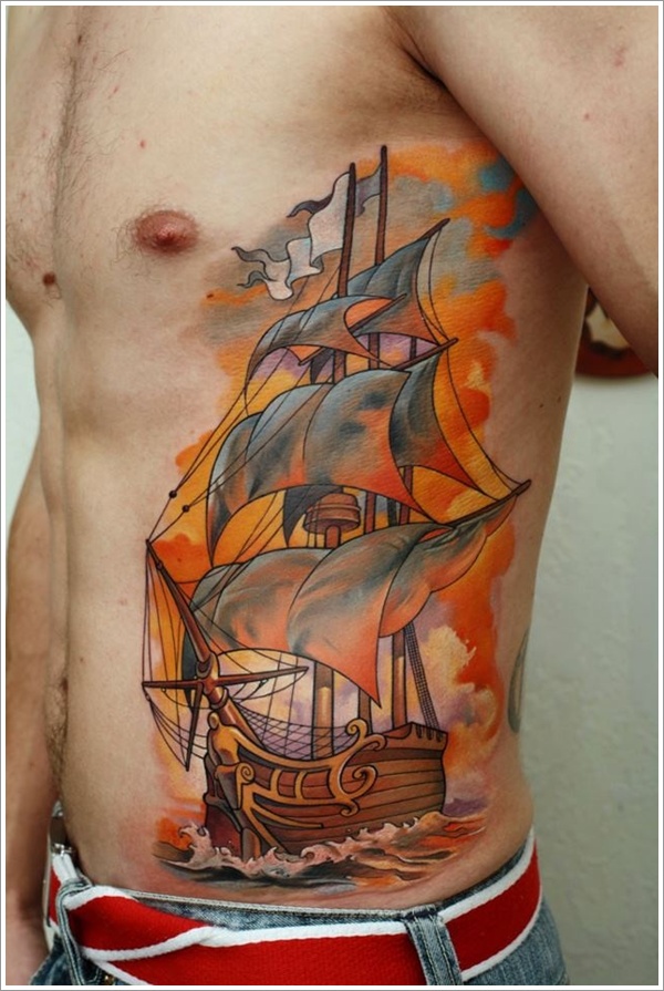 ship at sunset stomach tattoos for men