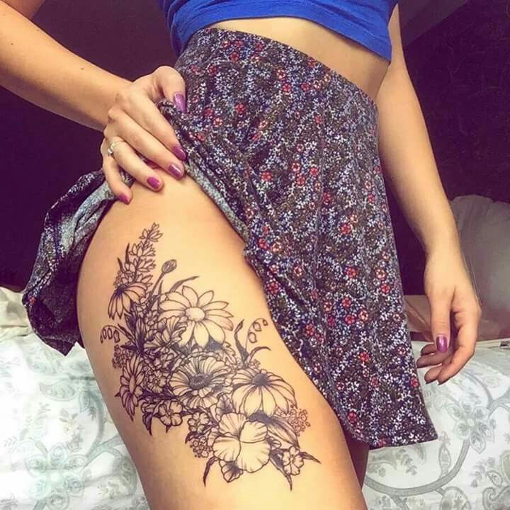 monochrome thigh tattoos for women