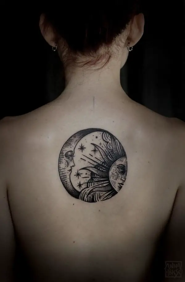 Trapped in a Circle sun and moon tattoo idea for women 
