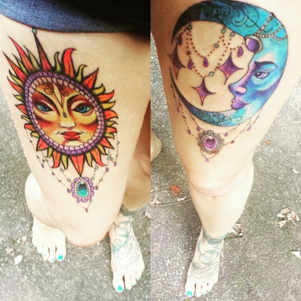 color full sun and moon tattoo for girl