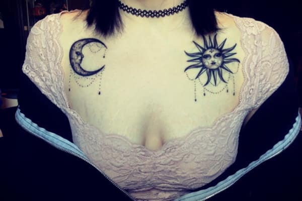 Girl Sun and Moon Tattoo on Chest