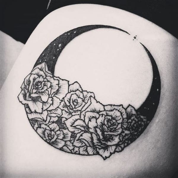 Night rose moon tattoo idea for girl 