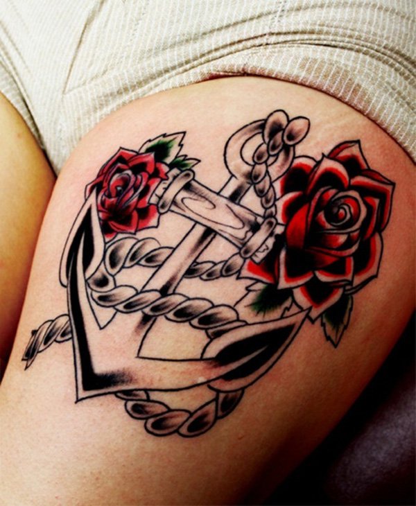 ROSE AND ANCHOR THIGH TATTOOS FOR WOMEN
