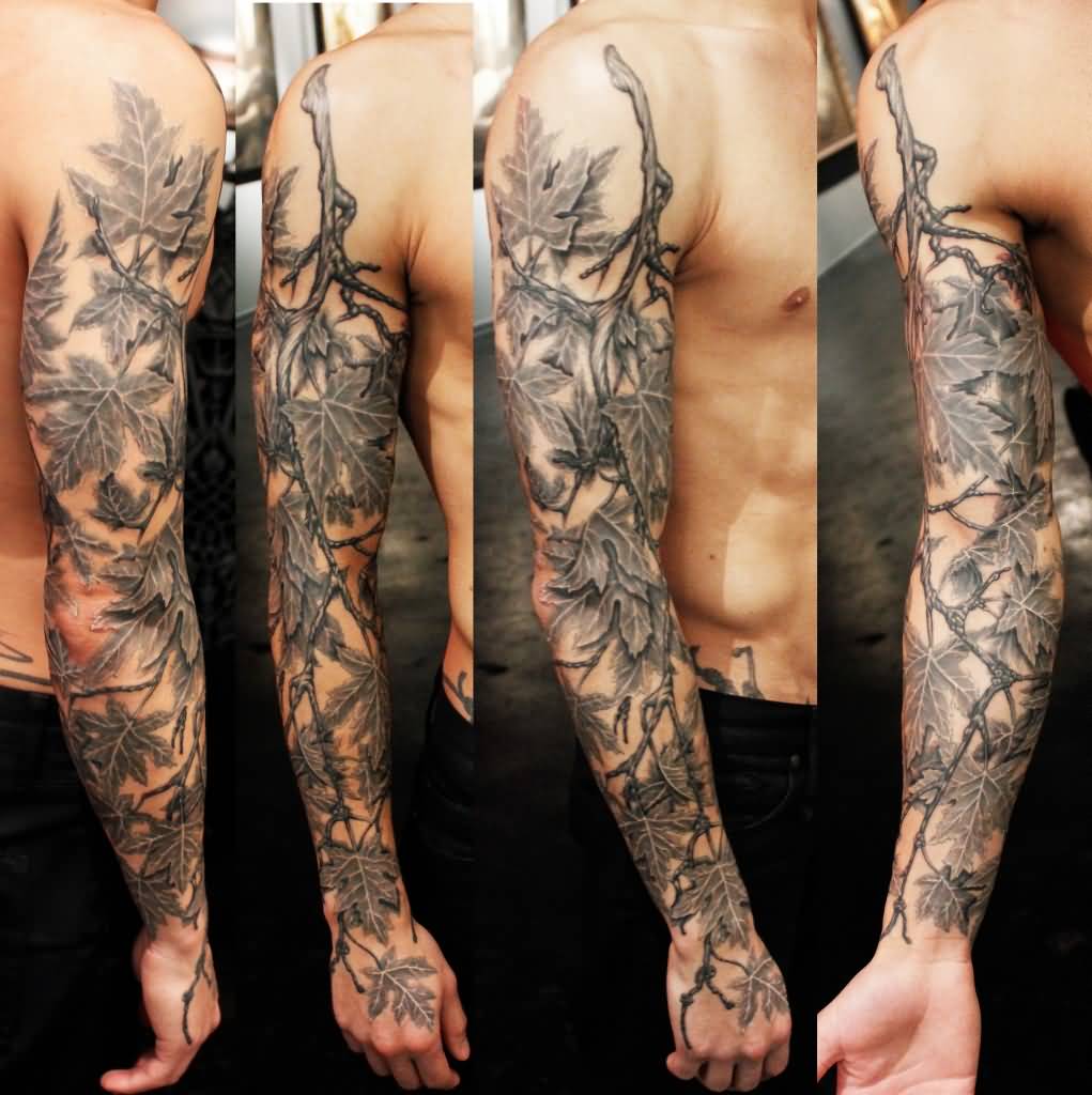 full sleeve black and grey tattoo