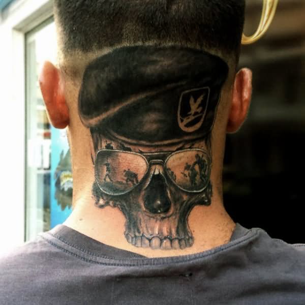 skull in shades back of neck tattoos 