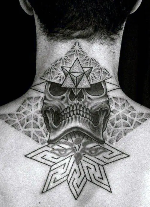 back of neck tattoos with scary skull design