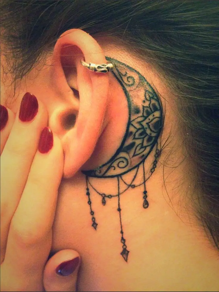behind the ear tattoos with moon crescent