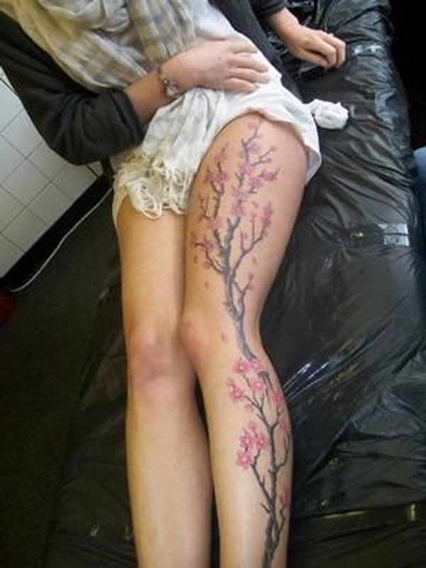 cherry blossom leg tattoo