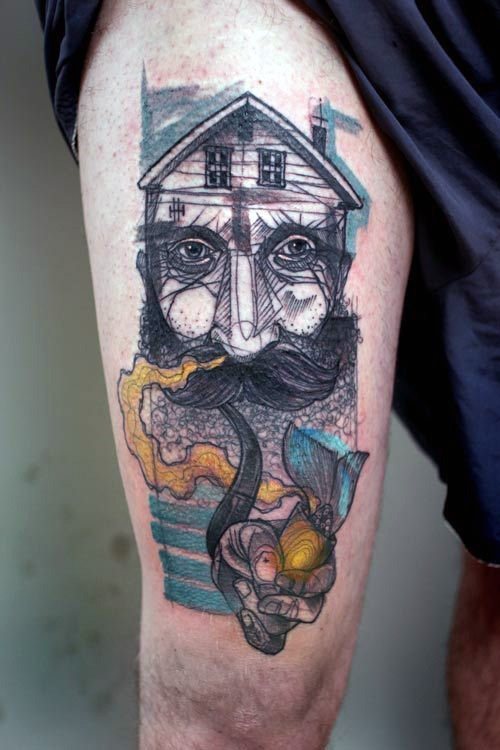 leg tattoos with abstract art for men