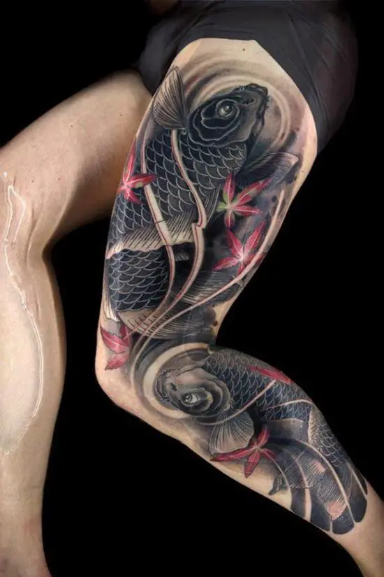 black koi with red flowers leg tattoos for men