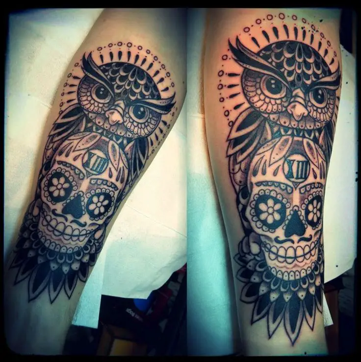 owl with sugar skull leg tattoo