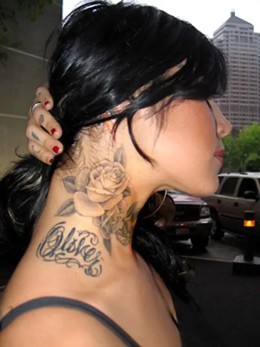 neck tattoo with rose for women