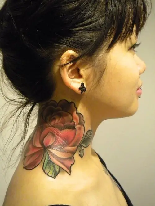 single rose neck tattoos for women