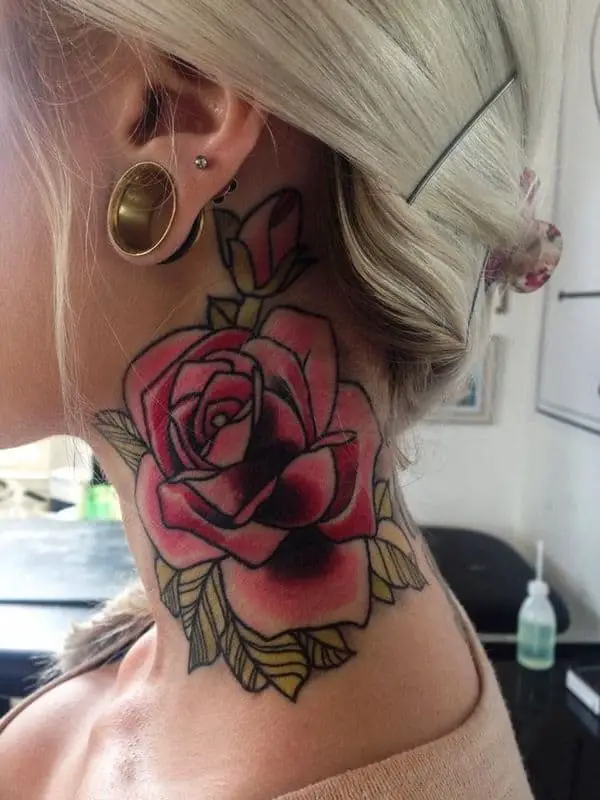 blooming rose neck tattoo for women