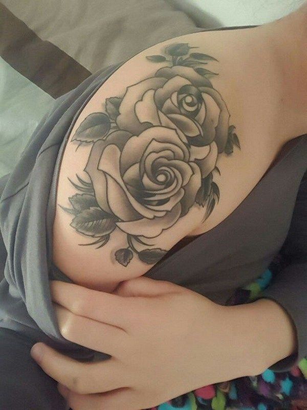 black and grey shoulder rose tattoo