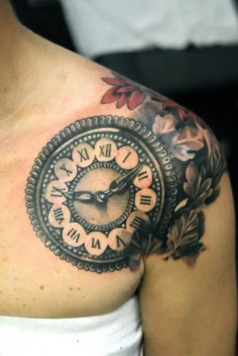 Clock With Rose Tattoo idea for women 