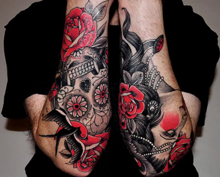 skull tattoos with beautiful flower lady