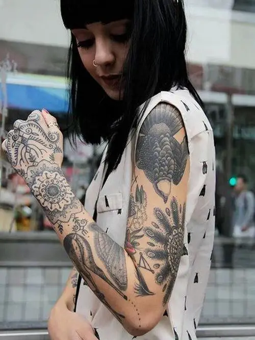 mixed image sleeve tattoos for women