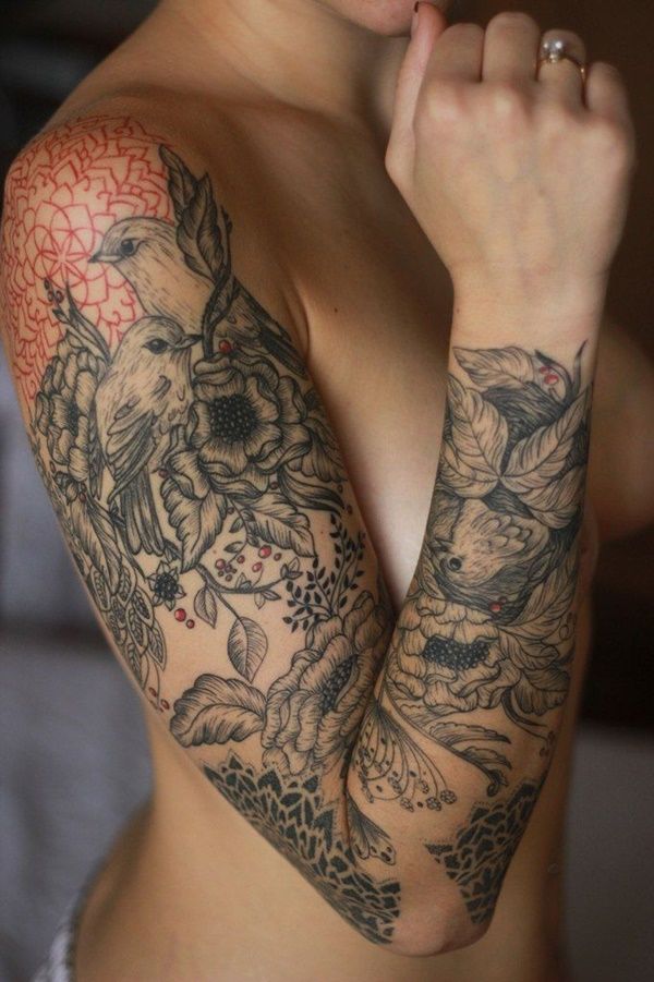 birds and flowers sleeve tattoos for women