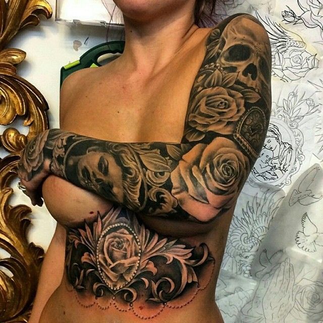 skull and roses sleeve tattoos for women