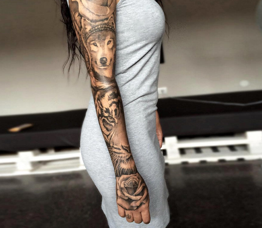 animal design sleeve tattoos for women