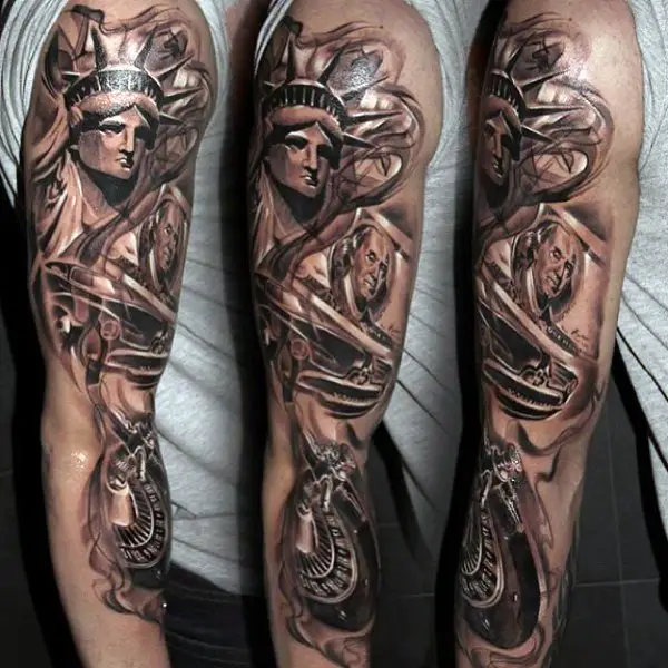 Grey Ink Statue Of Liberty Skeleton Tattoo On Right Leg