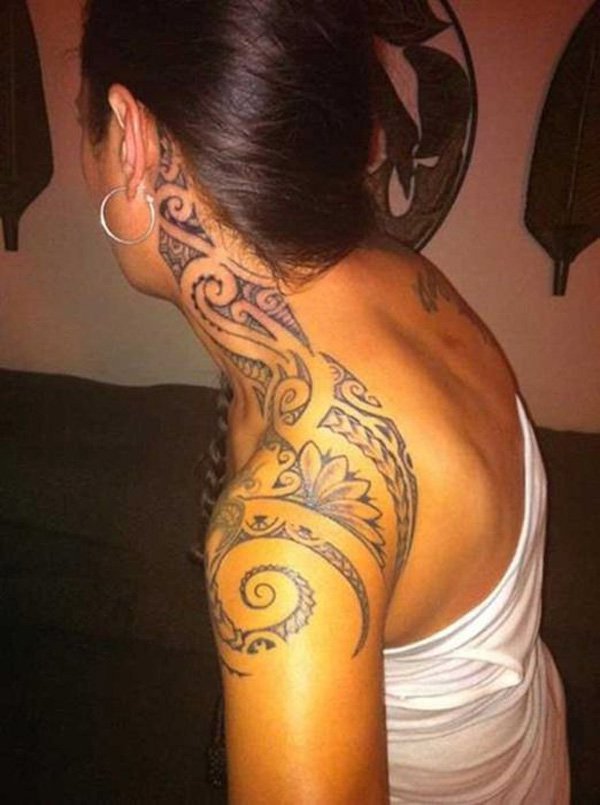neck and shoulder tribal ink tattoos for women