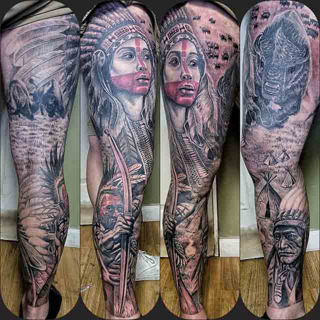 Tattoo tagged with: black and grey, calf, grey, bobqueiroz, black, big,  illustrative, native american woman, native american chief, native american,  tatuaje, tatuajes | inked-app.com