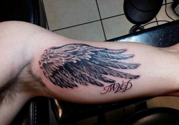 bicep tattoos for men with angel of wing