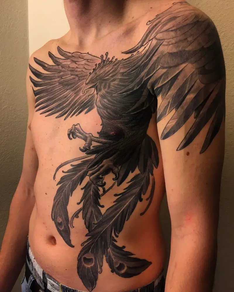 Grey Ink Phoenix Tattoo On Chest For Men