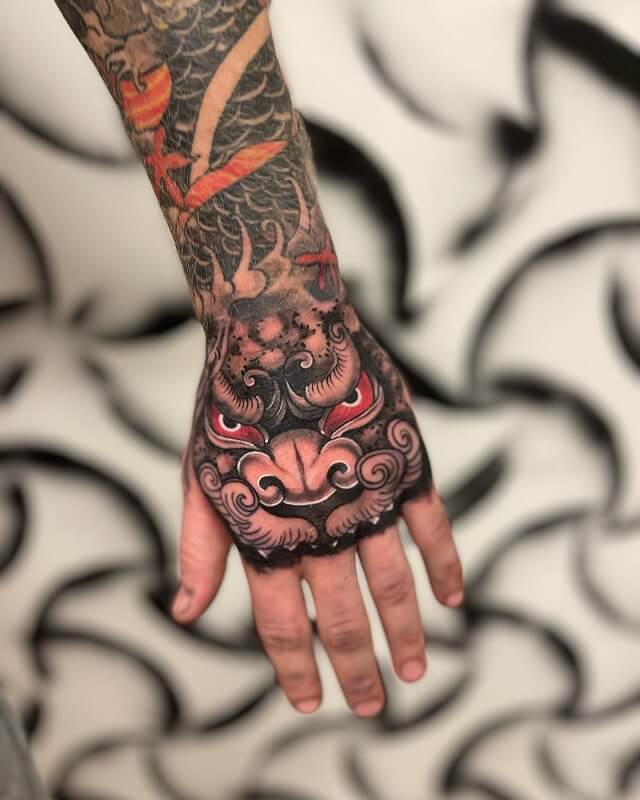 Traditional Foo dog tattoo is very popular in Japan