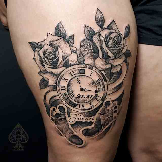 Clock-Tattoo-With-Name-And-Date-Of-Birth-(1)