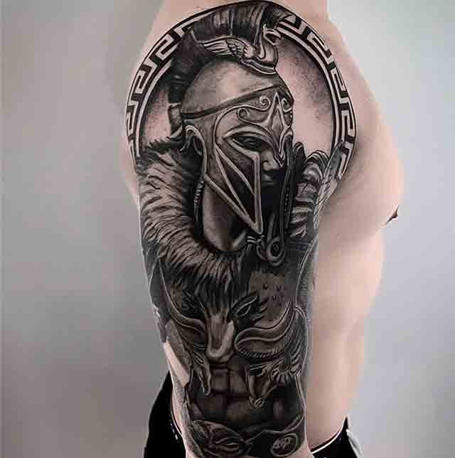 Spartan tattoo, looking for similar design but central to the upper back,  no bigger than A4. Preferably a forward facing Spartan design if anyone can  help and make it look in place