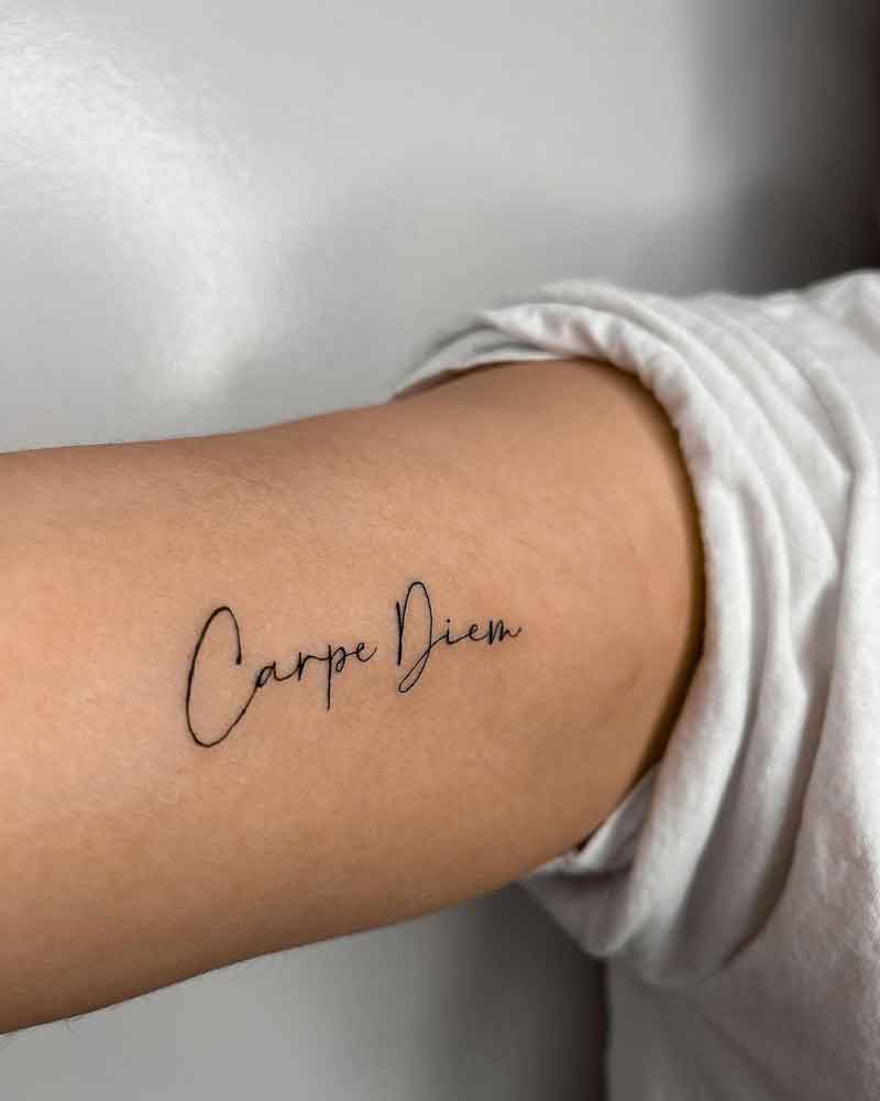 Carpe Diem Ambigram Tattoo On Muscles