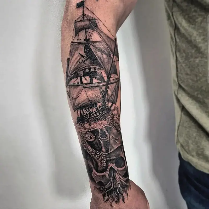 Part of my planned pirate themed sleeve a pirate ship What do you think   rtattoo