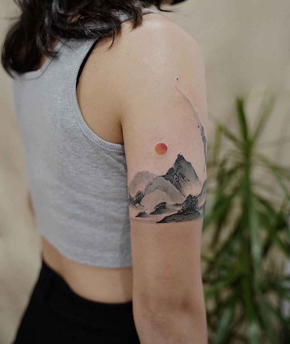 Tattoo uploaded by Claire  By AmandaWachob watercolor triangle mountain  cherryblossom japanese watercolortattoo  Tattoodo