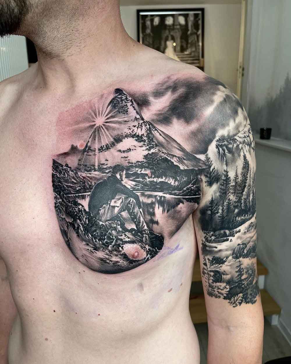 Mountains ocean waves and trees a tribute to the beauty I was surrounded  by growing up Done by Jack at AWOL Tattoo in Galway Ireland  rtattoos