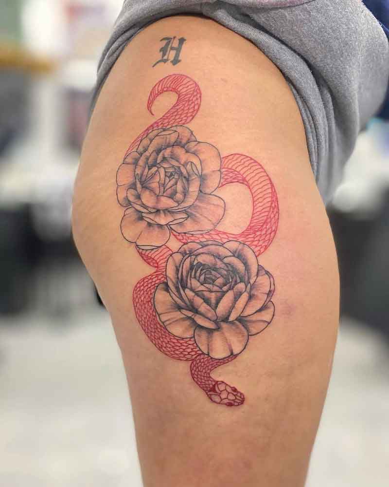 Snake Peonies Tattoo 1