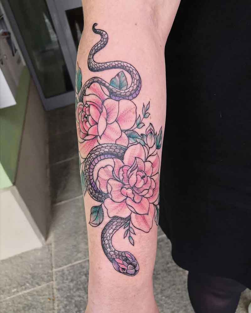 Snake Peonies Tattoo 2
