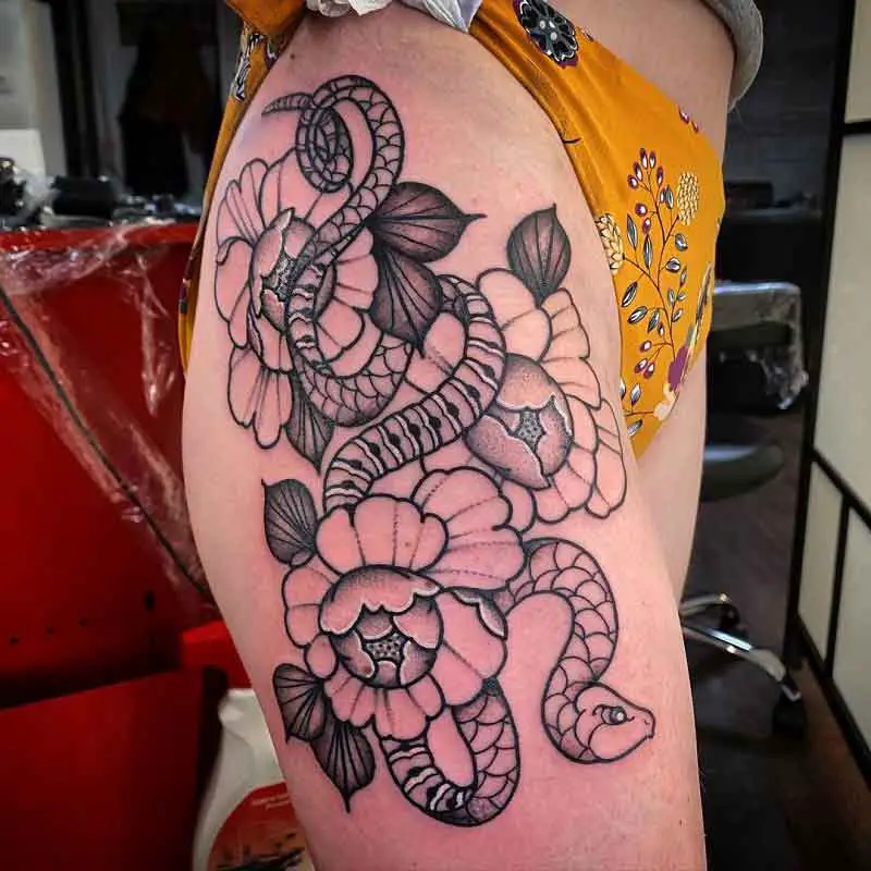 Snake Peonies Tattoo 3