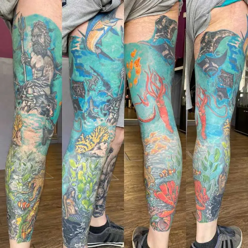 colored ocean themed leg piece by Ron Goulet  Tattoos