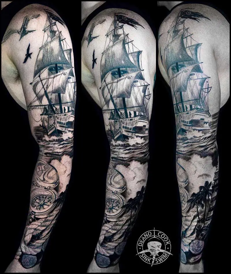 pirate ship tattoo leg