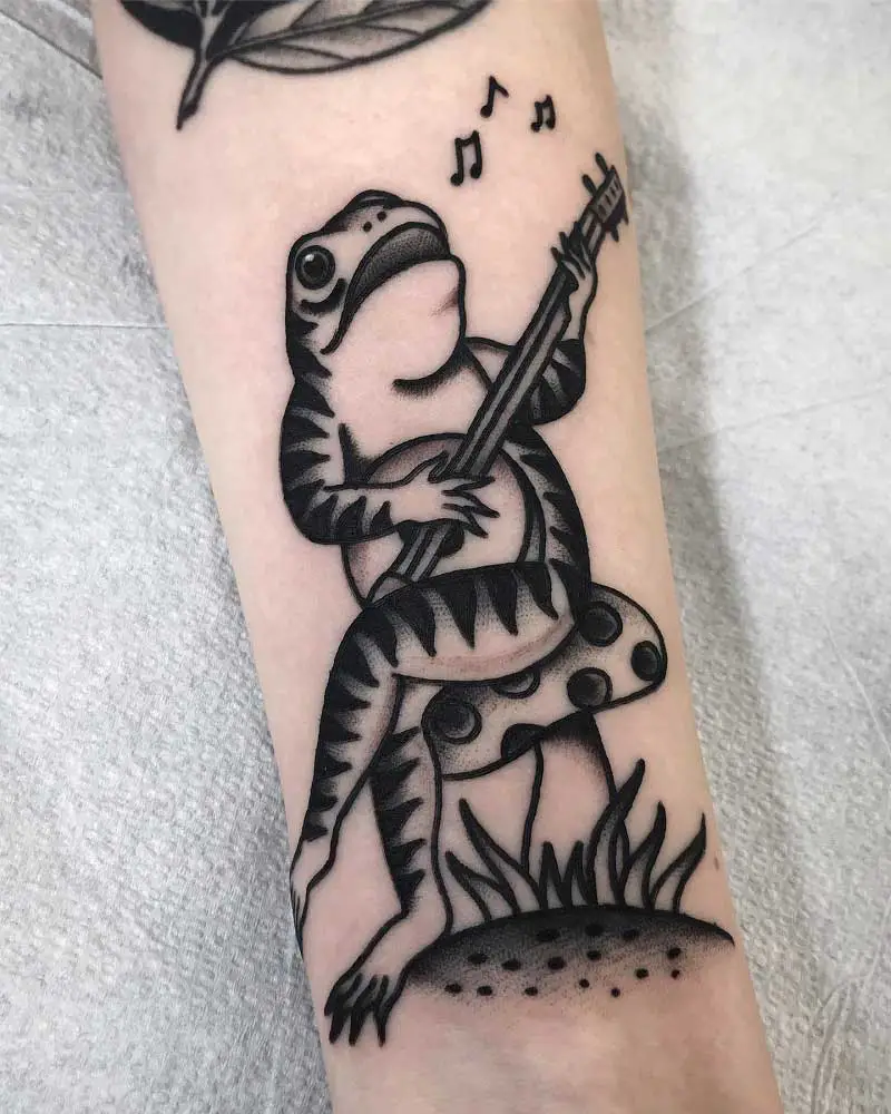Dragonflu and Frog On Mushroom Color Ink Tattoo